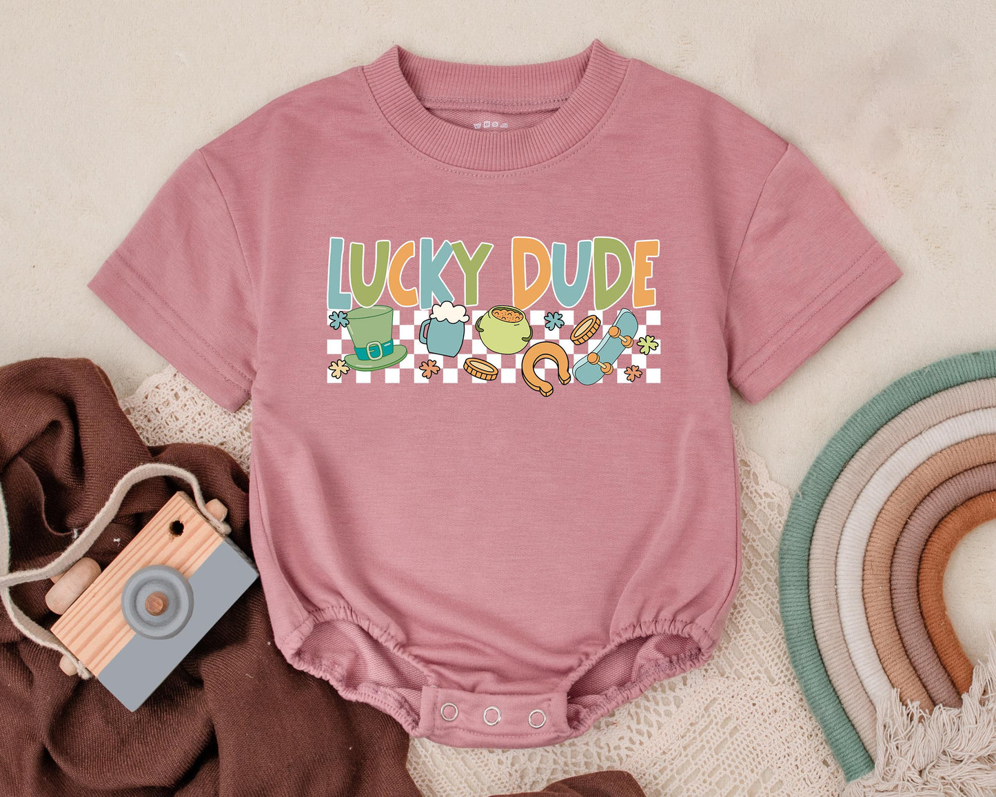 Lucky Dude St Patrick's Day Romper for Infant Baby Boys Girls, My First St Pattys Day Outfit Bodysuit, Irish Baby Gift with Clover Design