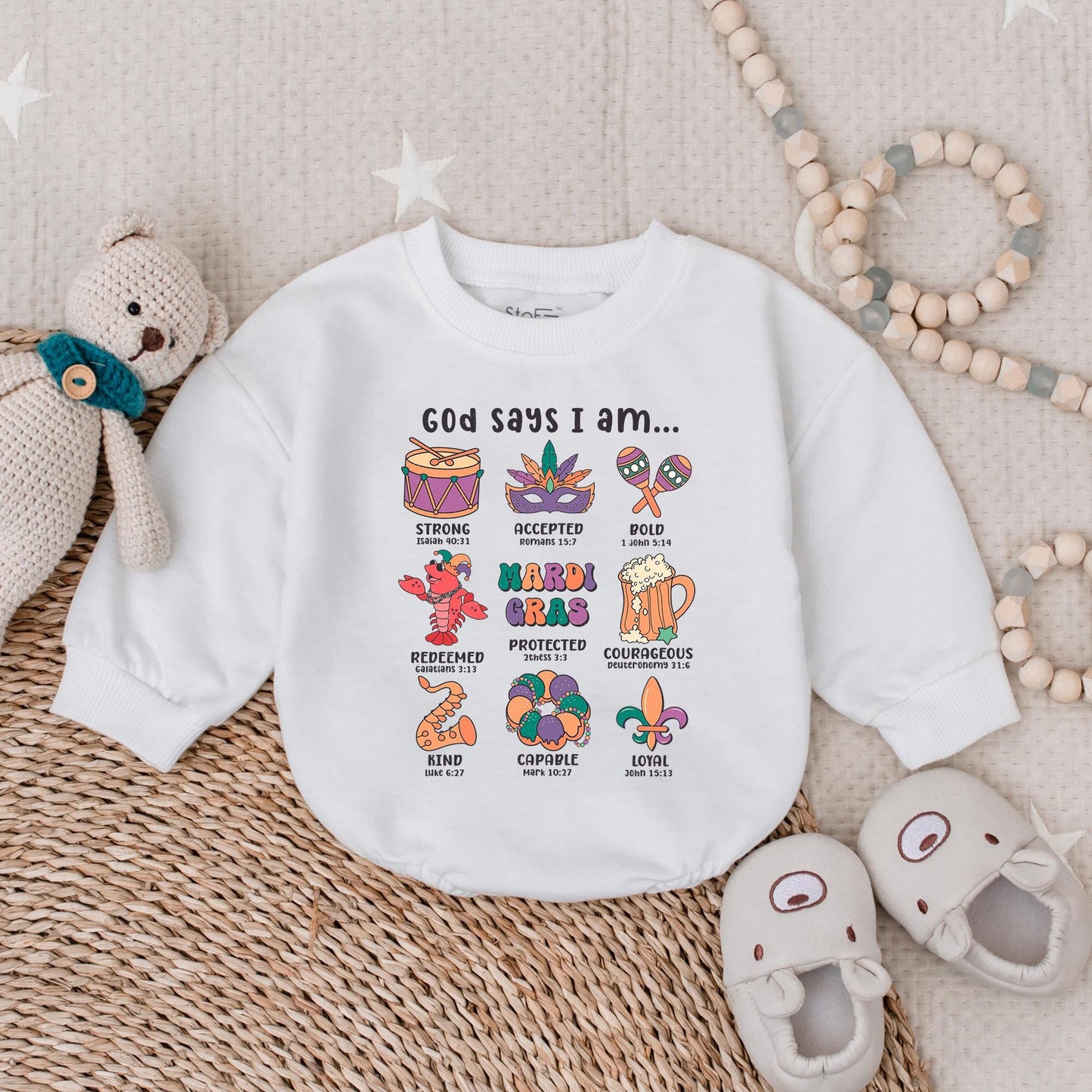 Mardi Gras Crawfish Baby Bubble Romper Outfit for Baby Girl, Newborn Bodysuit, Infant Clothes. Festive Fleur-de-Lis & Bow Design, Holiday Gift