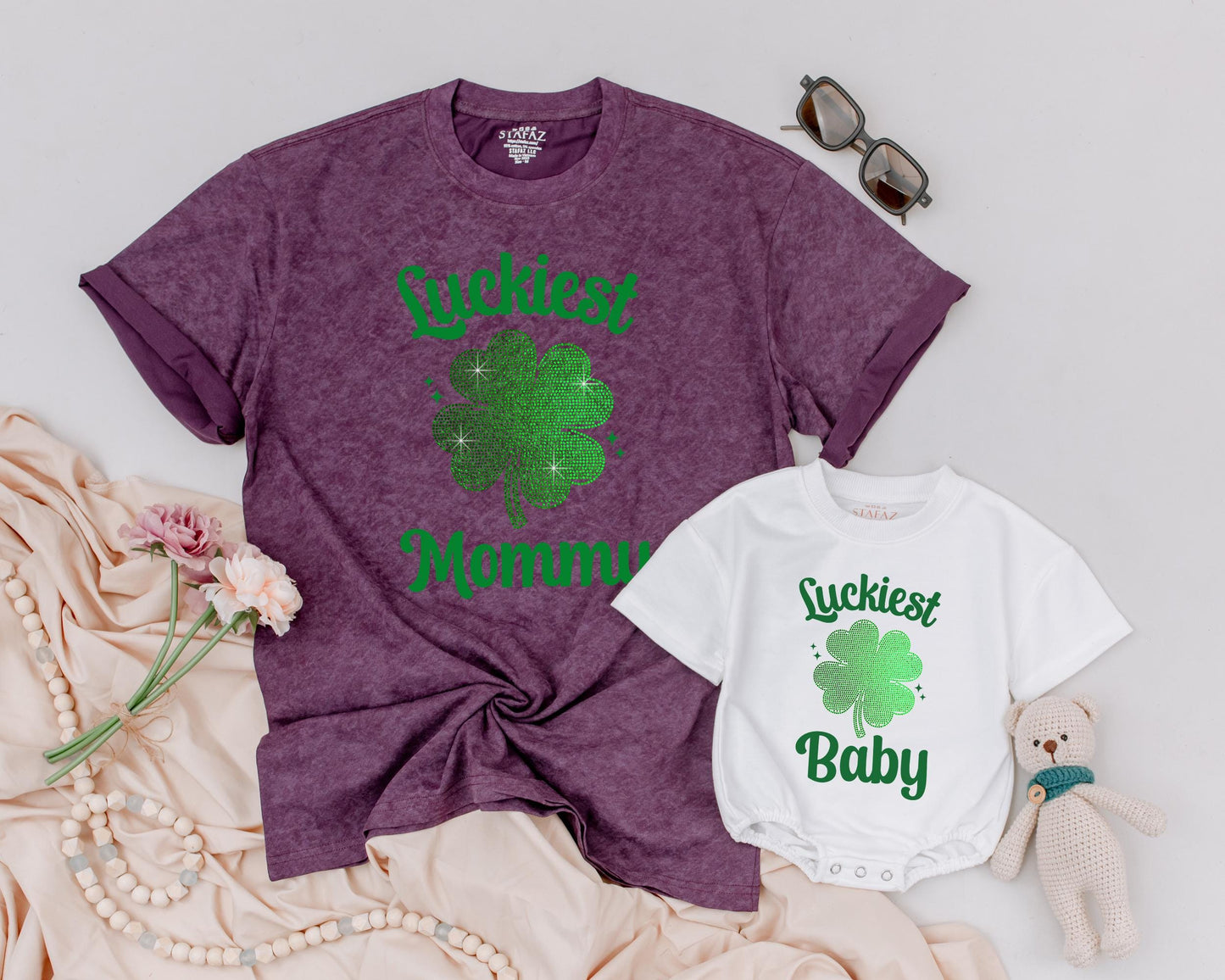 Matching St. Patrick's Day Mommy and Me Shirts, Bling Shamrock Outfit, Personalized Luckiest Baby/Mommy Tee, 1st St Patricks Day Family