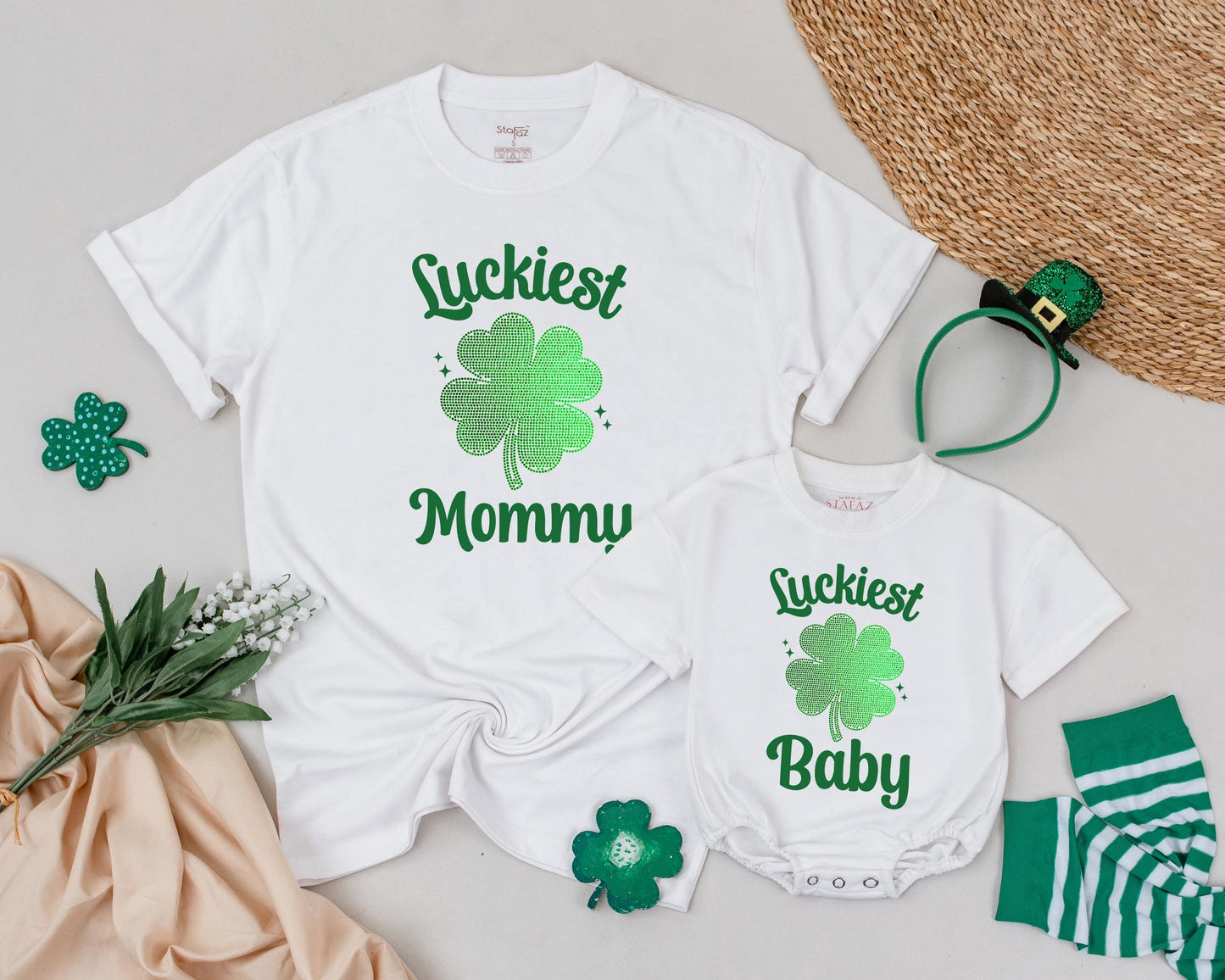 Matching St. Patrick's Day Mommy and Me Shirts, Bling Shamrock Outfit, Personalized Luckiest Baby/Mommy Tee, 1st St Patricks Day Family
