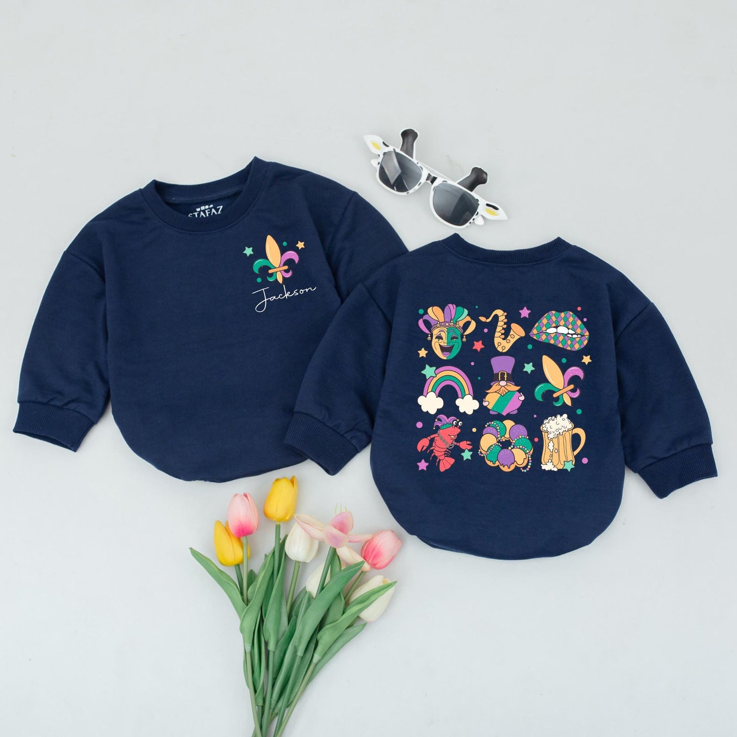Personalized Retro Mardi Gras Baby Romper First Parade Outfit Baby Announcement Clothes Carnival Bodysuit Newborn Festival Gift