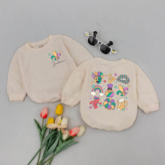 Personalized Retro Mardi Gras Baby Romper First Parade Outfit Baby Announcement Clothes Carnival Bodysuit Newborn Festival Gift