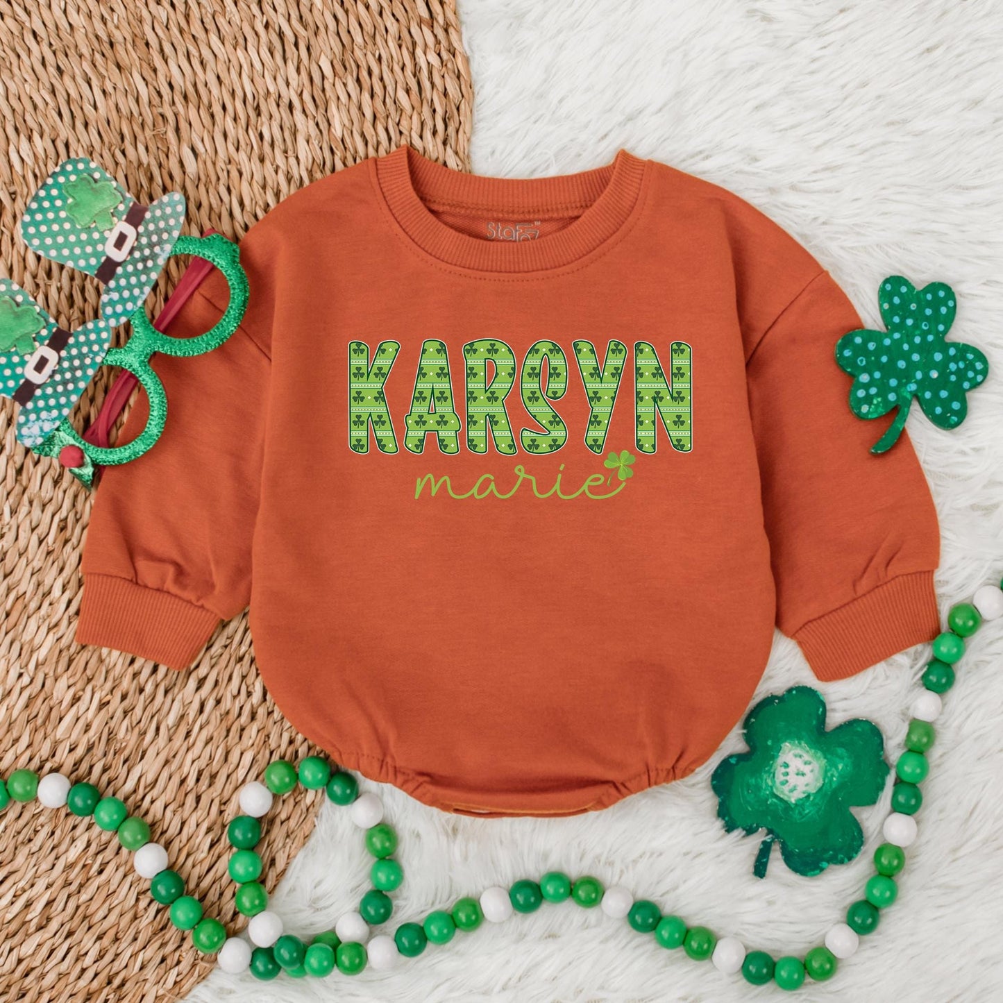 Personalized Lucky Shamrock Baby Romper Custom Name St Patrick's Day Bodysuit Clover Irish Baby Gift Outfit 135