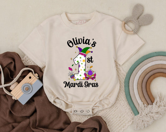 Personalized Mardi Gras Baby Romper Cute First Celebration Outfit Unisex Sweatshirt Bodysuit for Boys Girls Newborn Shower Gift