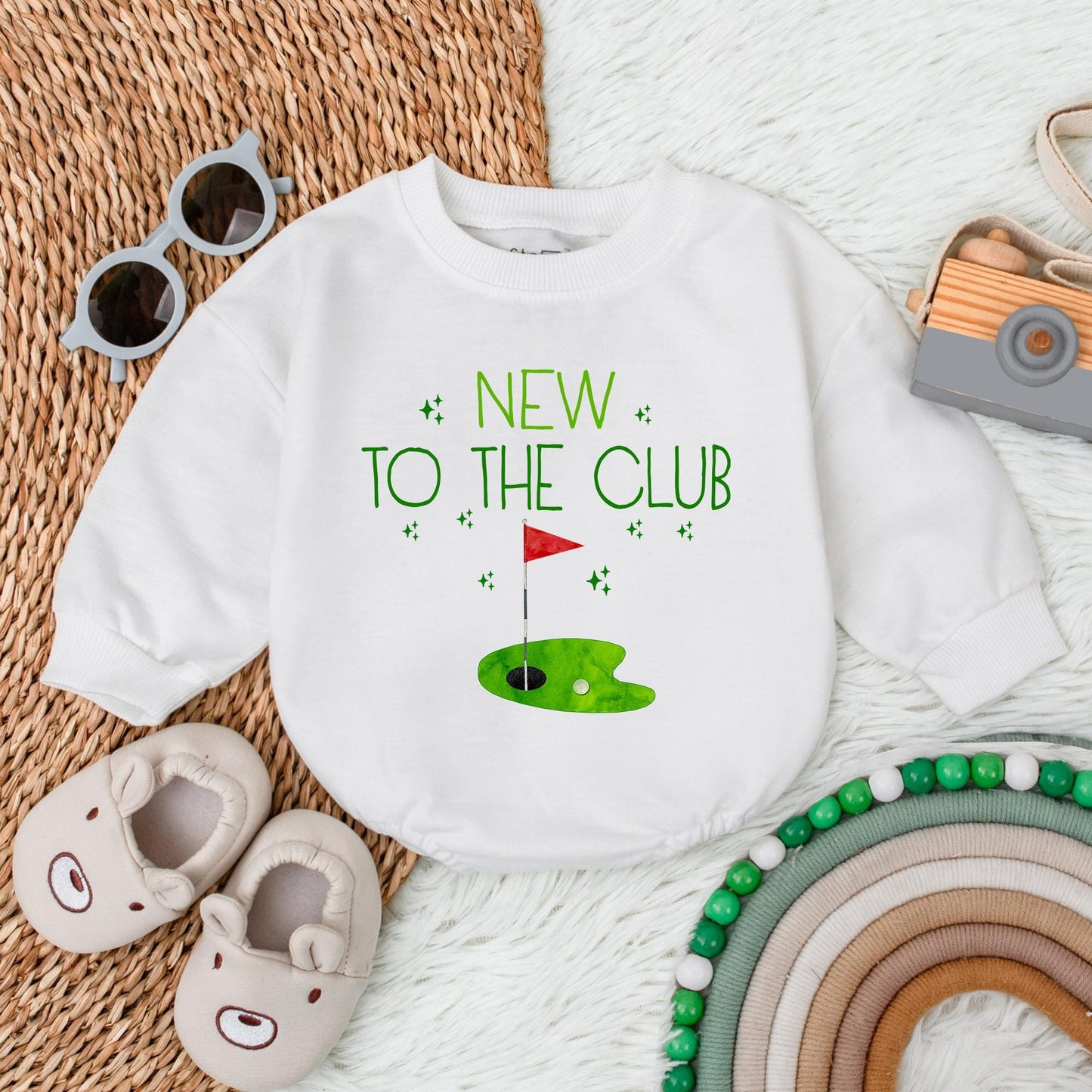 New To The Club Golf Baby Bubble Romper First Birthday Outfit Retro Toddler Boy Golf Shower Gift "Best Kid By Par" Smile Face