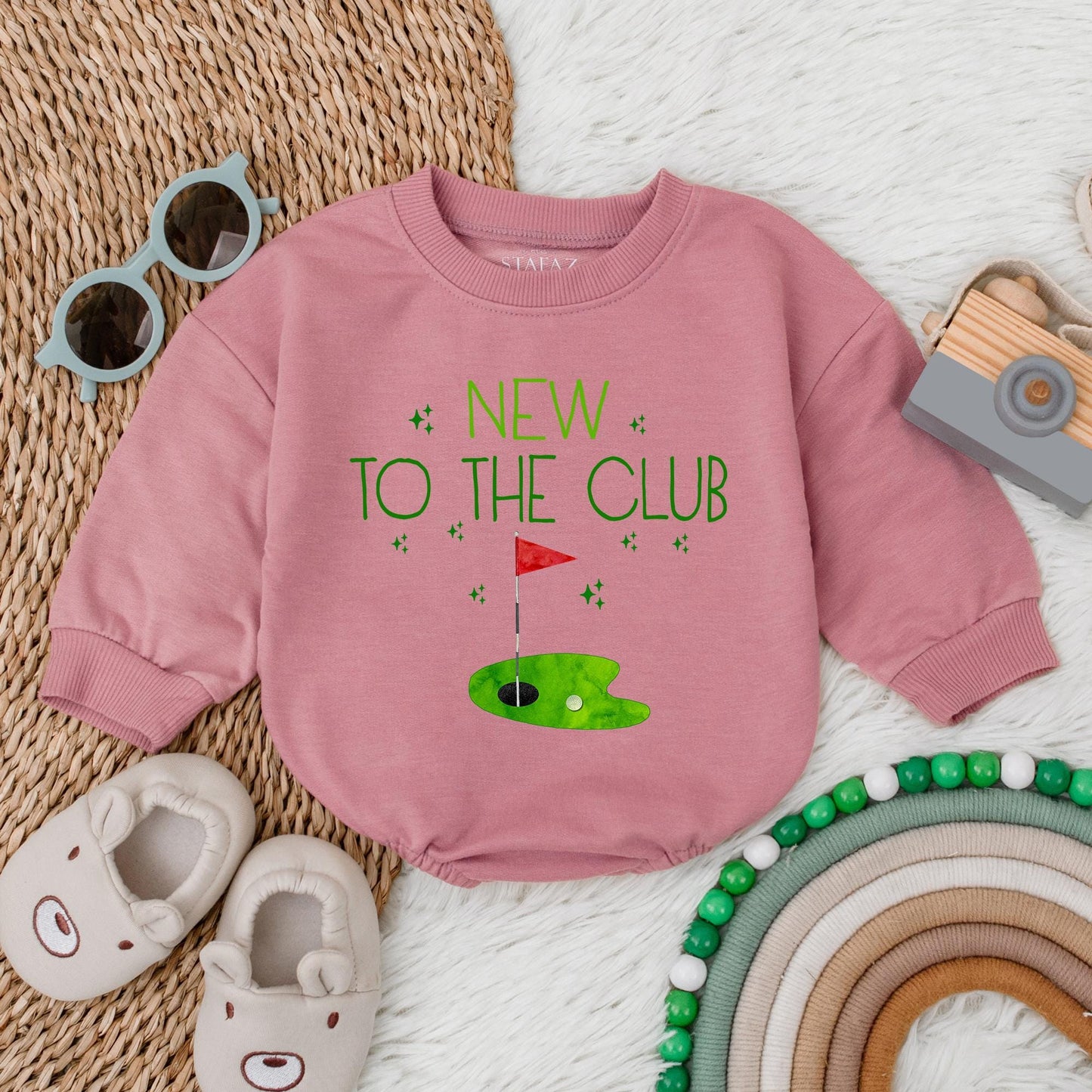 New To The Club Golf Baby Bubble Romper First Birthday Outfit Retro Toddler Boy Golf Shower Gift "Best Kid By Par" Smile Face