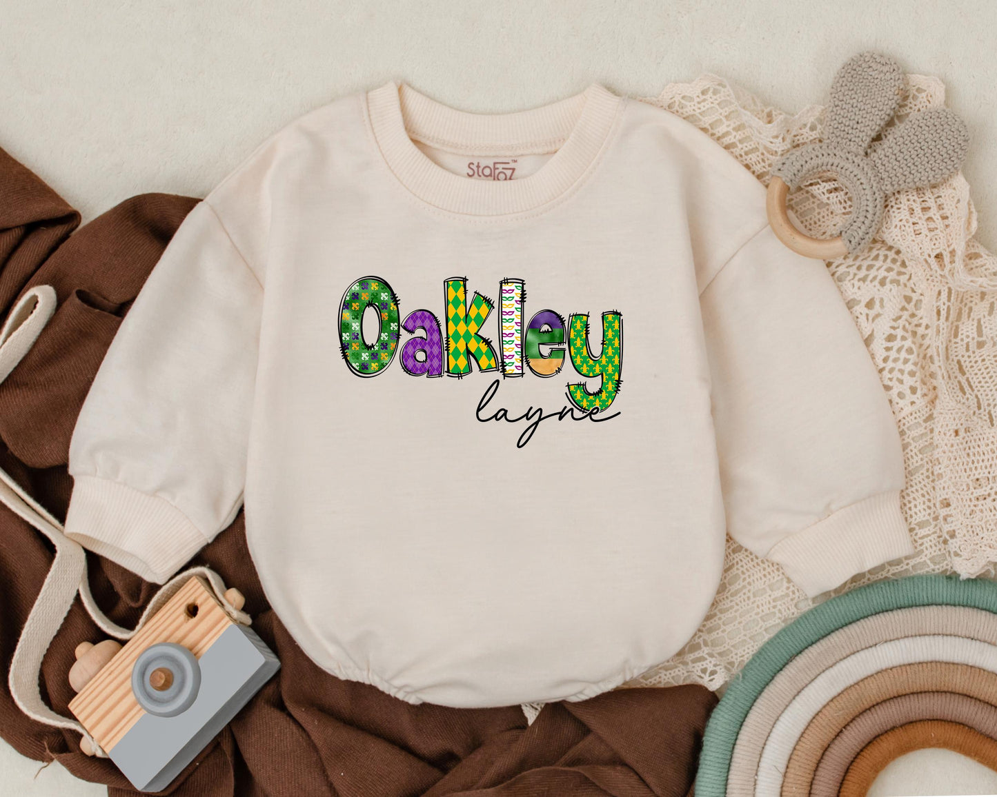 Personalized Mardi Gras Baby Romper - Cute Unisex Sweatshirt Romper for Newborns & Baby Girls & Boys, Baby Shower Gift