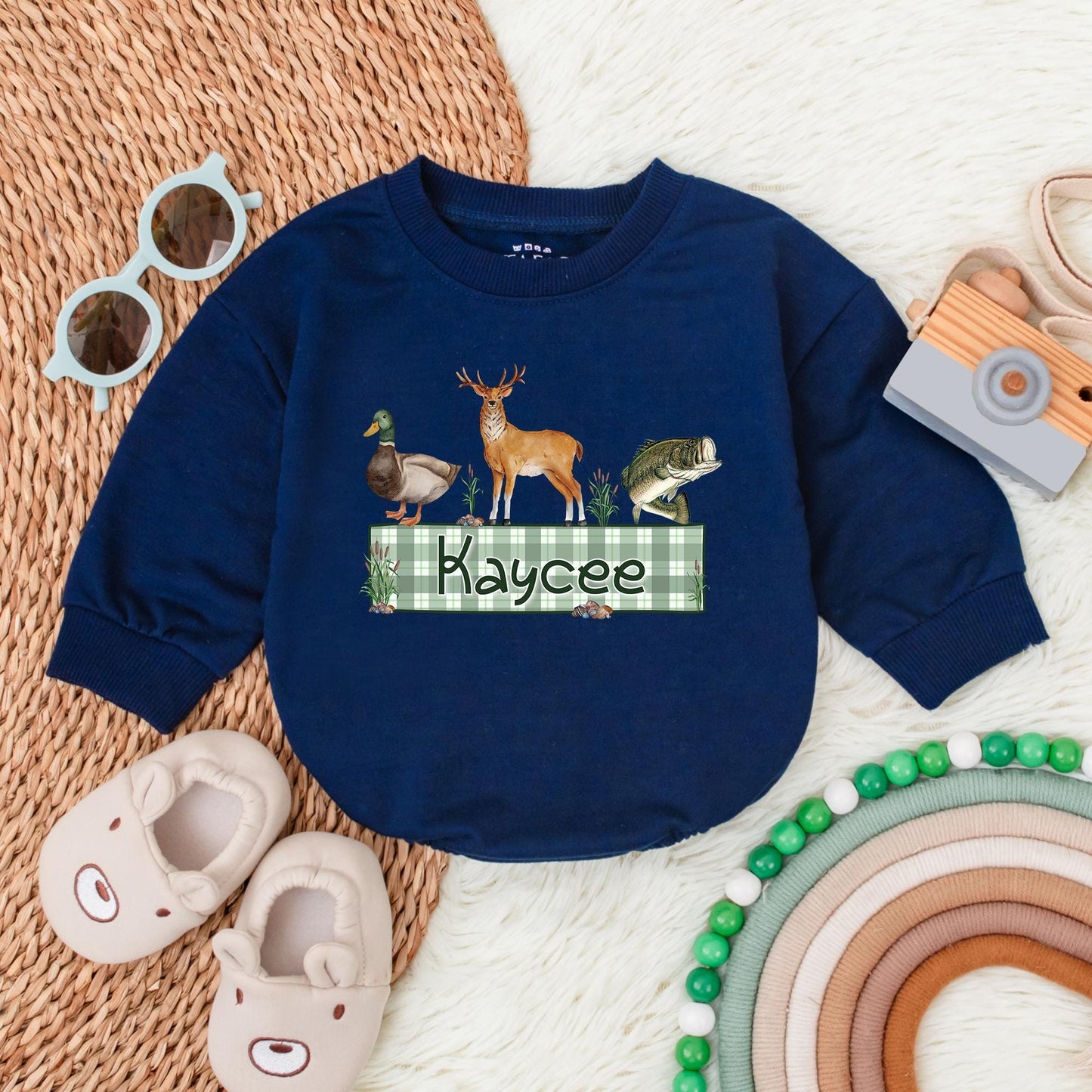 Personalized Name Mallard Duck Hunting Romper Sweater, Boy Ducking Hunter Baby Romper, Ducks Deer Fishing, hunting buddy, Newborn Bodysuit
