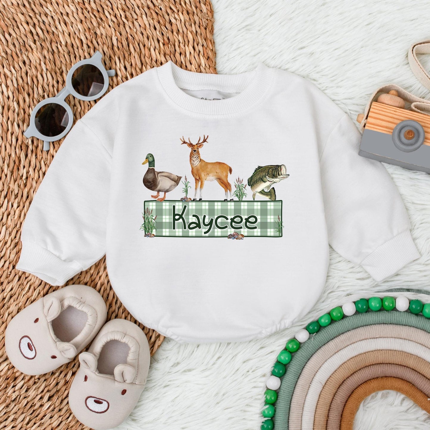 Personalized Name Mallard Duck Hunting Romper Sweater, Boy Ducking Hunter Baby Romper, Ducks Deer Fishing, hunting buddy, Newborn Bodysuit