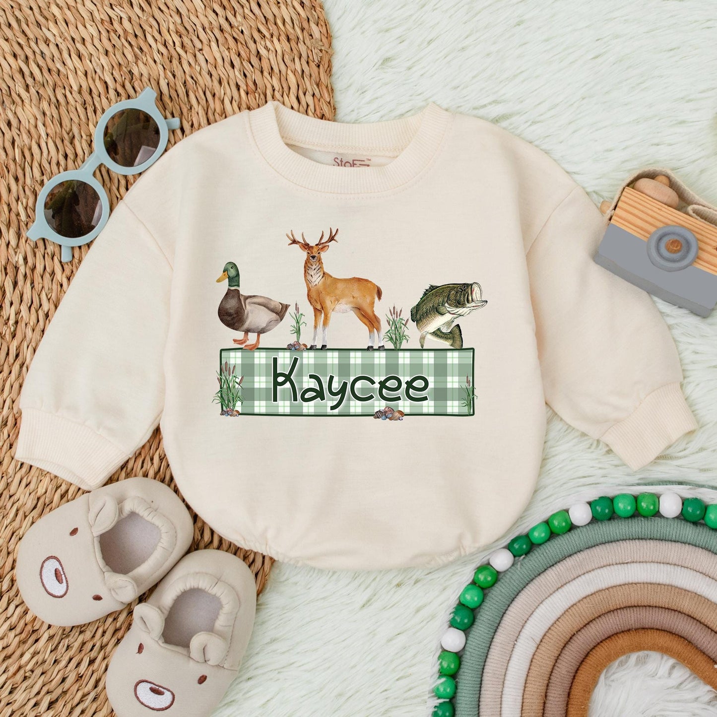 Personalized Name Mallard Duck Hunting Romper Sweater, Boy Ducking Hunter Baby Romper, Ducks Deer Fishing, hunting buddy, Newborn Bodysuit