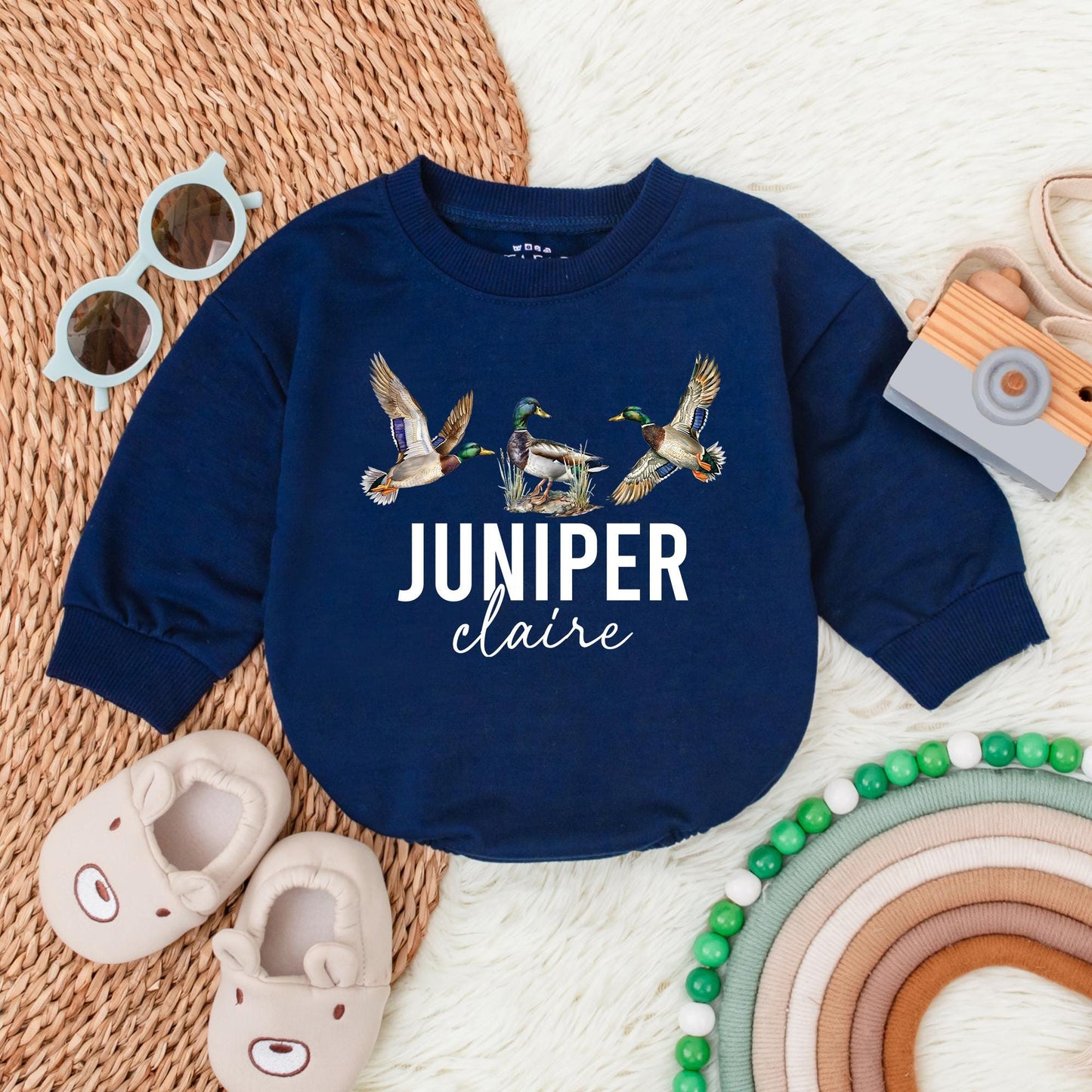 Personalized Mallard Duck Hunting Bubble Romper for Baby Boy | Cute Newborn Hunter Outfit with Deer & Fishing Theme | Perfect First Birthday Gift