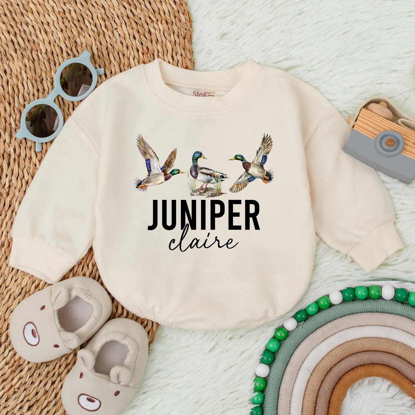 Personalized Mallard Duck Hunting Bubble Romper for Baby Boy | Cute Newborn Hunter Outfit with Deer & Fishing Theme | Perfect First Birthday Gift