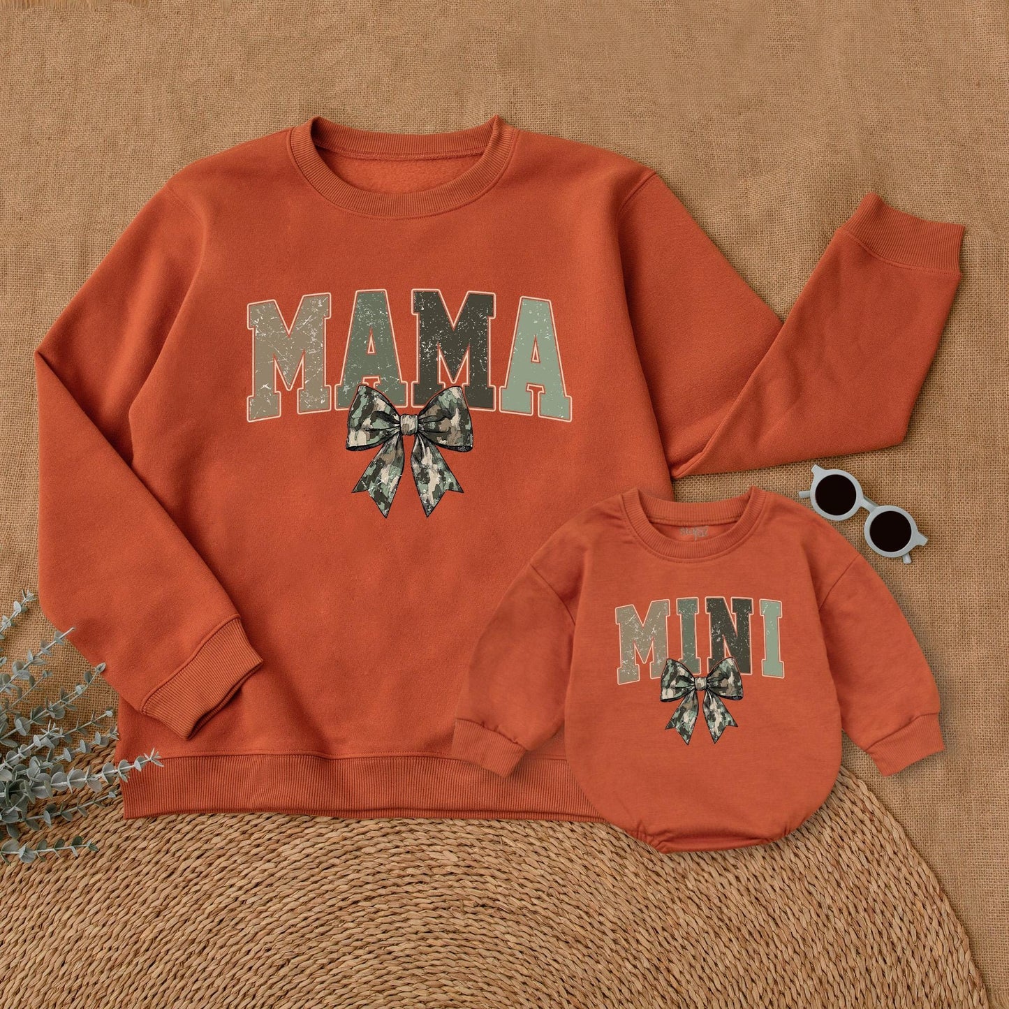 Matching Mommy and Me Camo Bow Sweatshirts and Baby Girl Romper for Mother Daughter Hunting Mama Cozy Outfit Mother's Day Gift