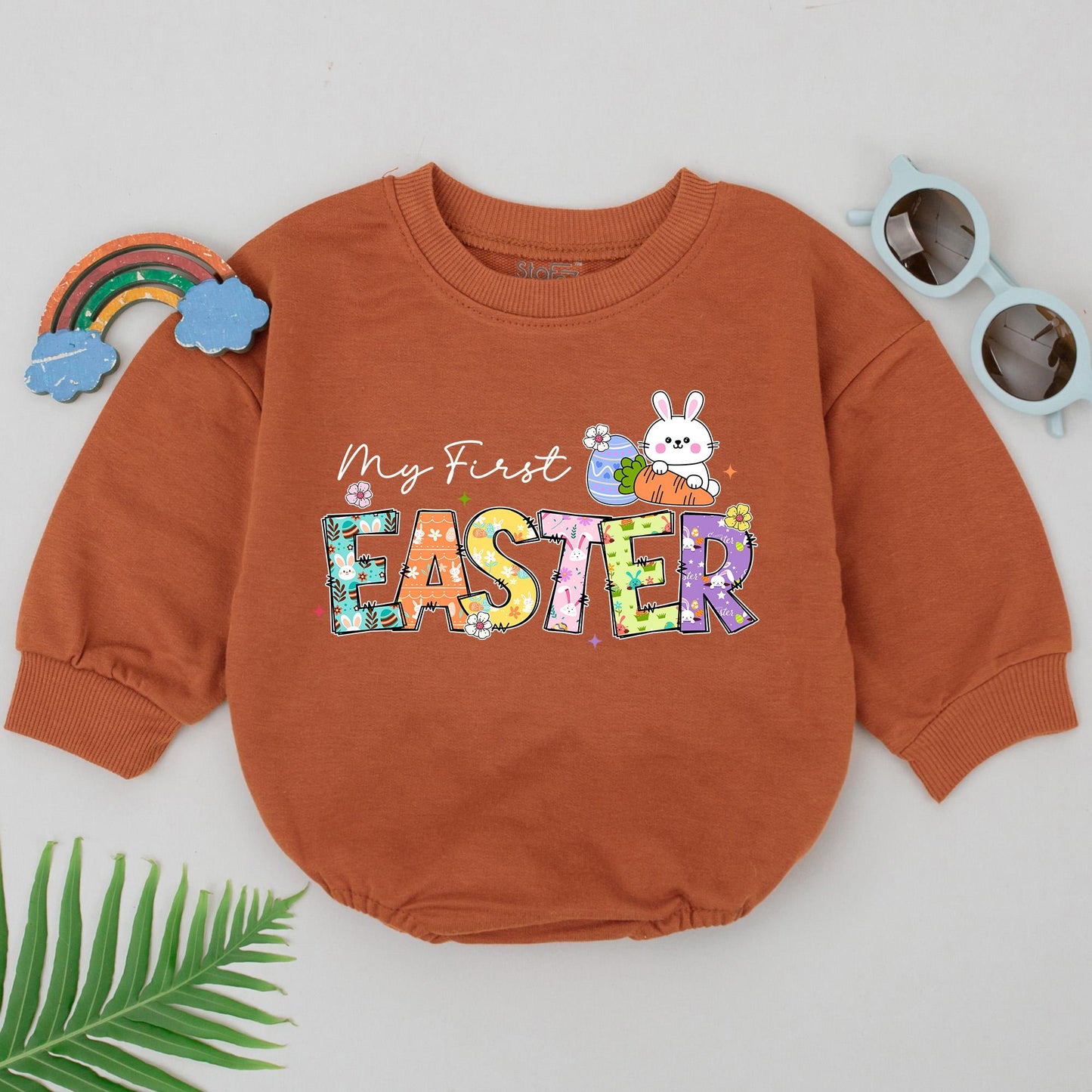My First Easter Romper Baby Girl, Retro Easter Bunny Bodysuit, Floral Pattern, Whimsical Design, Easter Gift, Natural Cotton