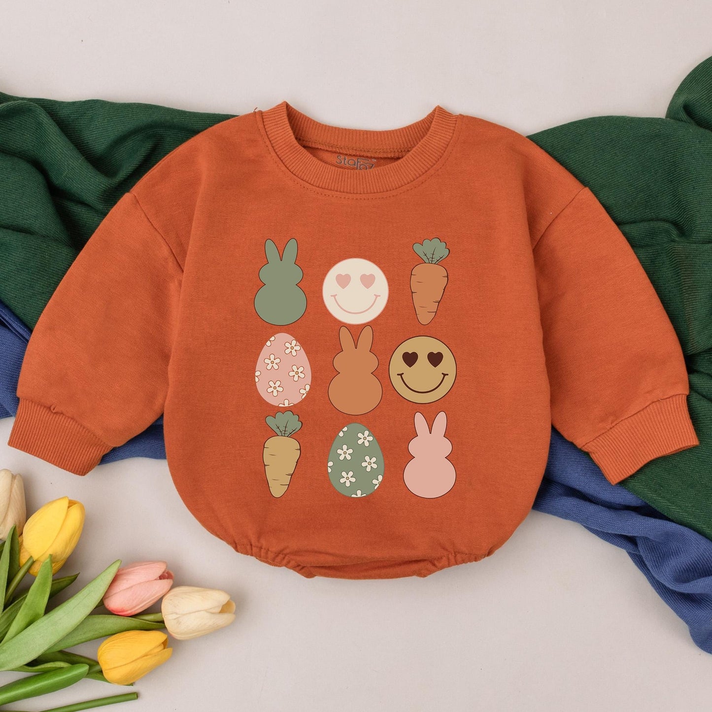 Retro Groovy Easter Romper for Baby's First Easter Outfit Little Bunny Celebration Bodysuit Custom Name Gift