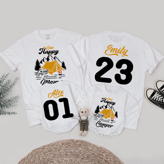 One Happy Camper First Birthday Shirt Matching Family Outfit Vintage Camping Party Theme Black Yellow Pine Tree Tent Cotton Tee