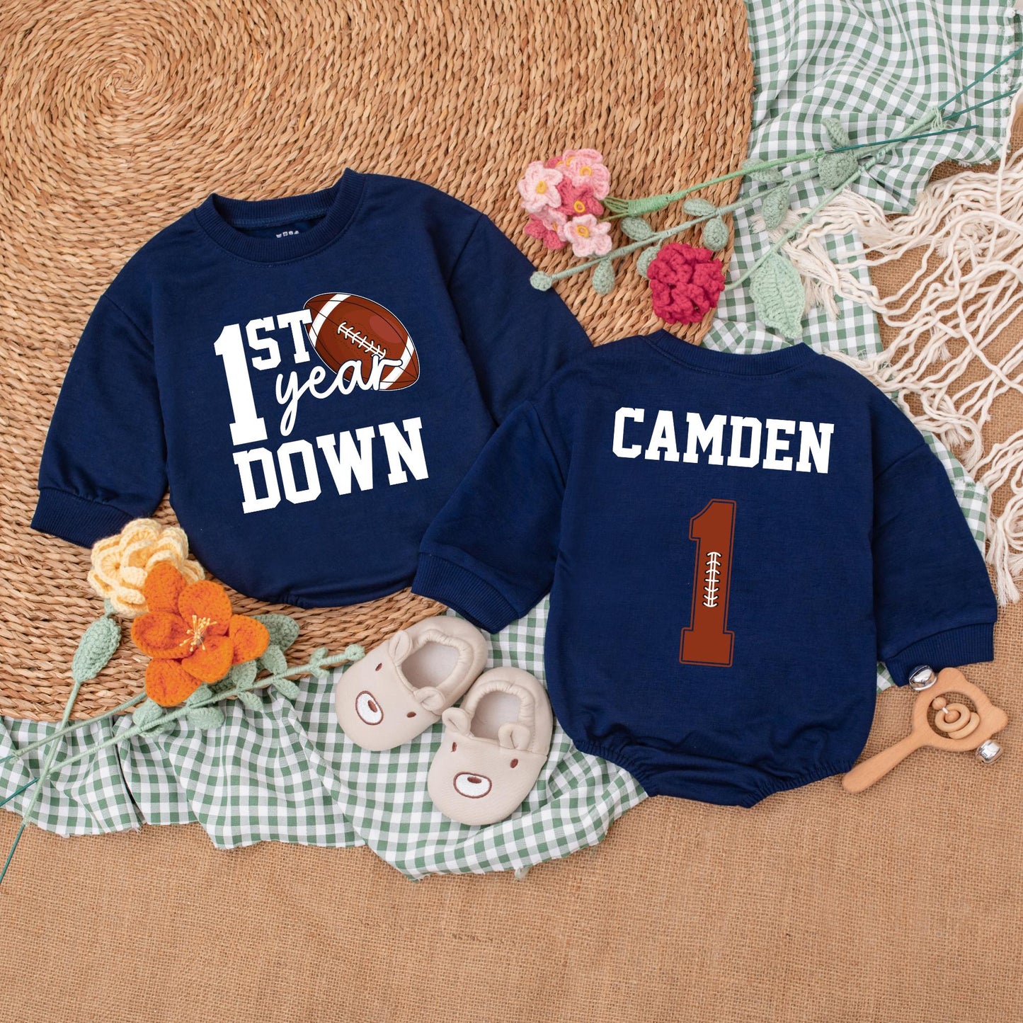 Personalized First Year Down Football Romper Baby Boy Birthday Bodysuit Game Day Baby Clothes