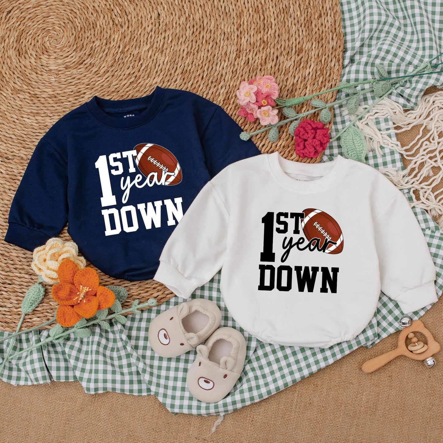 Personalized First Year Down Football Romper Baby Boy Birthday Bodysuit Game Day Baby Clothes