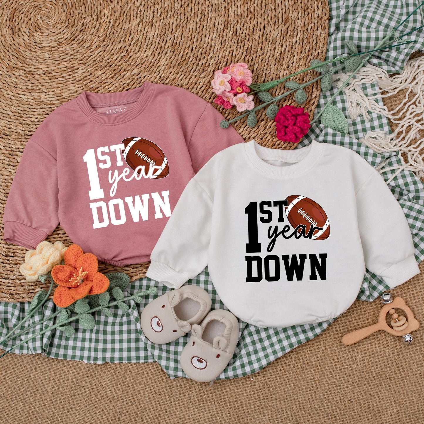 Personalized First Year Down Football Romper Baby Boy Birthday Bodysuit Game Day Baby Clothes