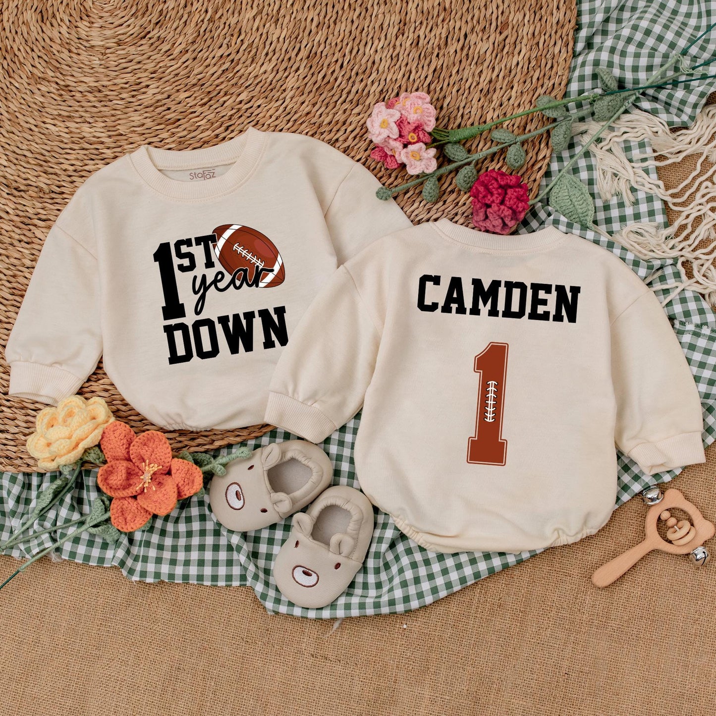 Personalized First Year Down Football Romper Baby Boy Birthday Bodysuit Game Day Baby Clothes
