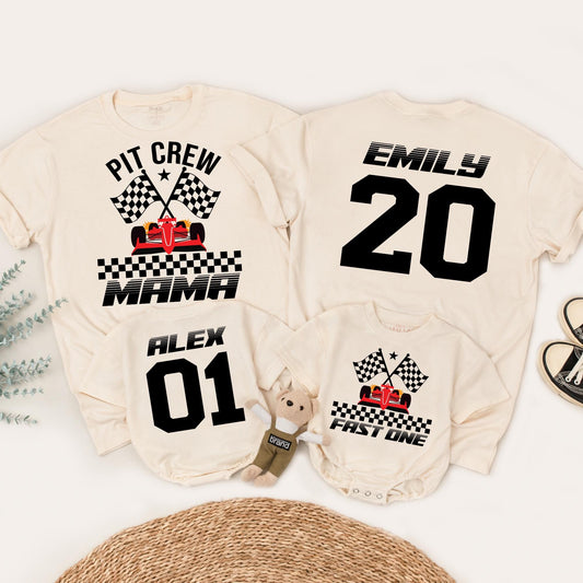 Fast One Pit Crew Birthday Boy Shirt, Race Car 1st Birthday Tee, Checkered Flag Family Matching, Black & Red Racing Theme Party, Baby First Birthday Outfit (139 chars)