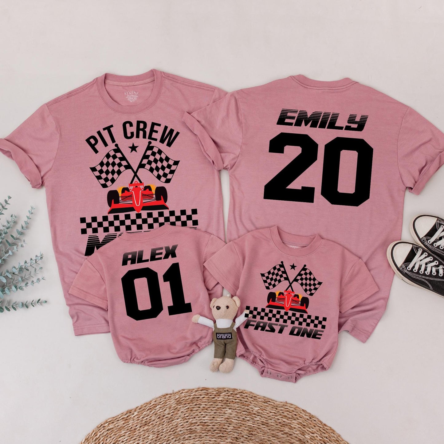 Fast One Pit Crew Birthday Boy Shirt, Race Car 1st Birthday Tee, Checkered Flag Family Matching, Black & Red Racing Theme Party, Baby First Birthday Outfit (139 chars)