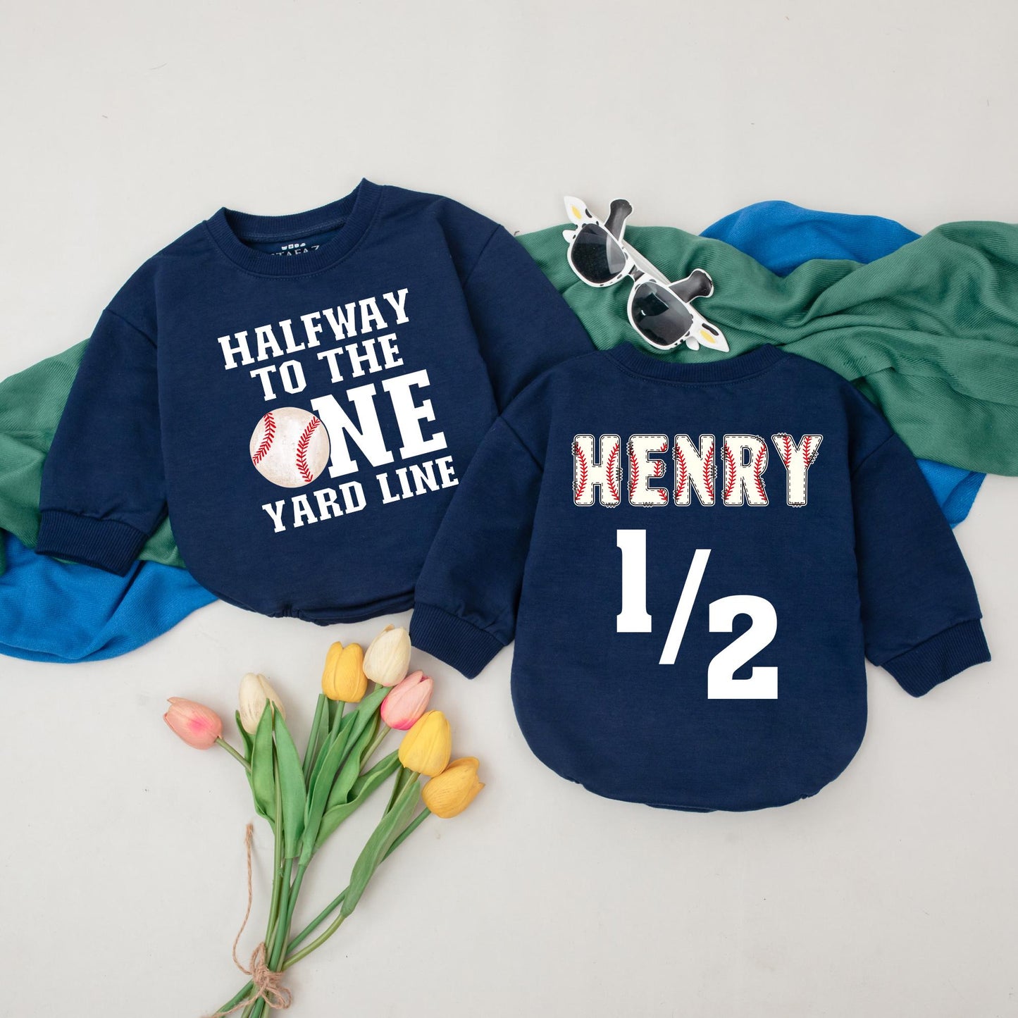 Custom Half Way To One Baseball Romper Retro Game Day Outfit for Boys 6 Months Birthday Gift Newborn
