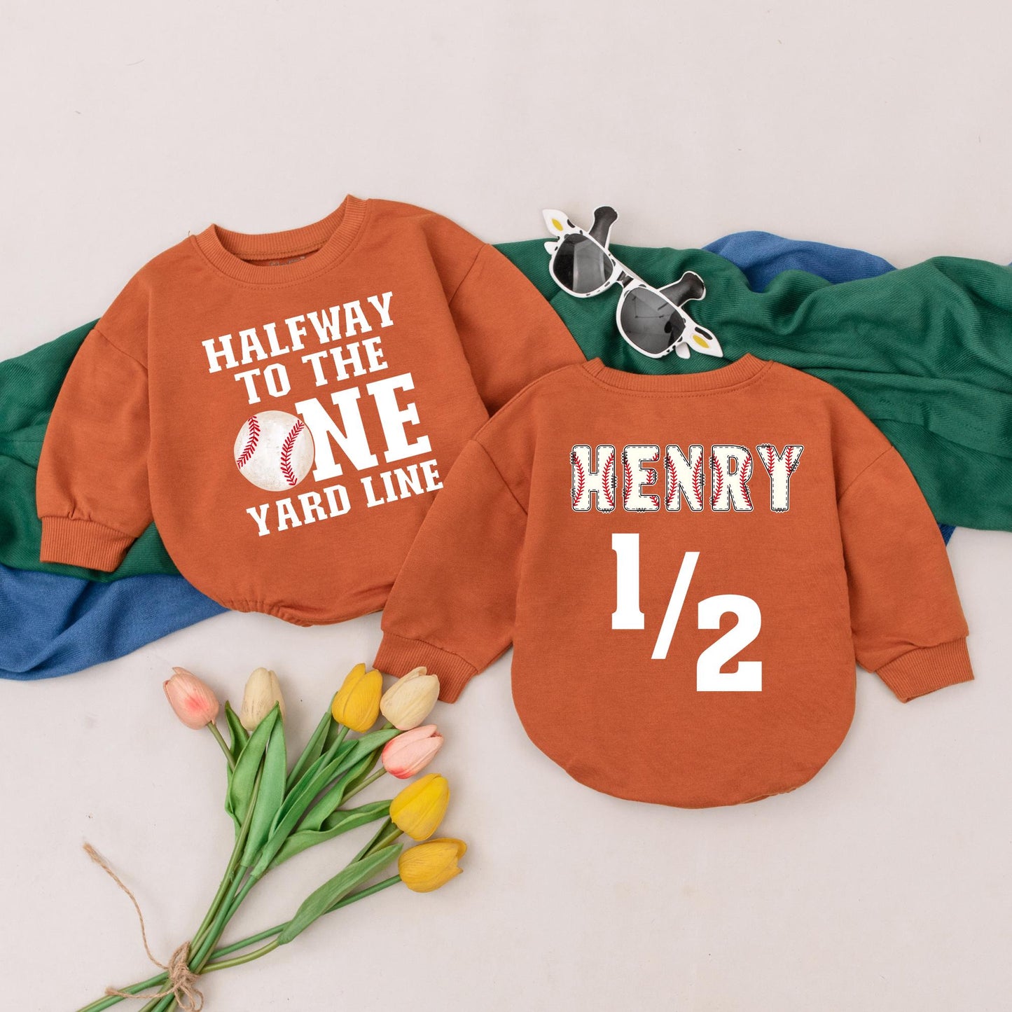 Custom Half Way To One Baseball Romper Retro Game Day Outfit for Boys 6 Months Birthday Gift Newborn