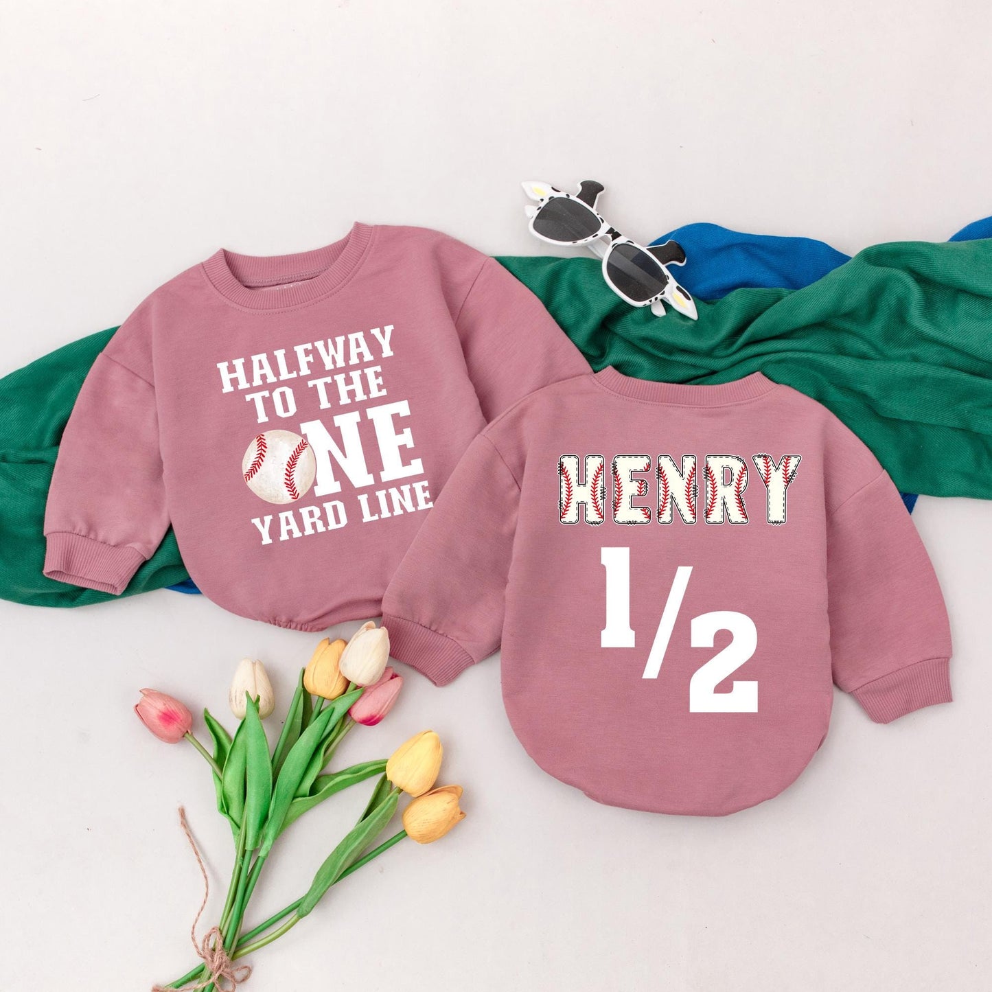 Custom Half Way To One Baseball Romper Retro Game Day Outfit for Boys 6 Months Birthday Gift Newborn