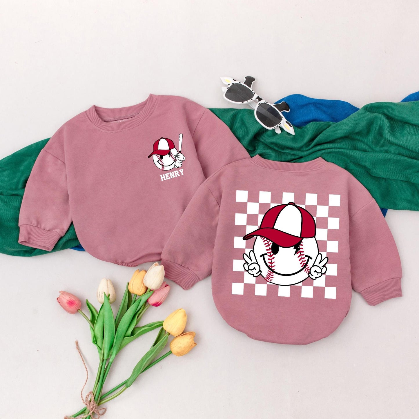 Henry's Retro Baseball Romper Custom Name Baby Boy Outfit Game Day Season Vintage Cartoon Bat