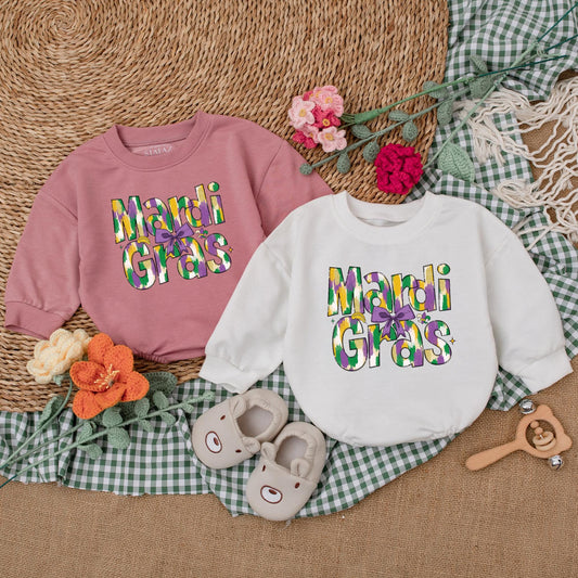 Mardi Gras Baby Girl Romper | Festive Bodysuit with Purple, Green & Gold Design | Cute Baby Outfit for Mardi Gras Party