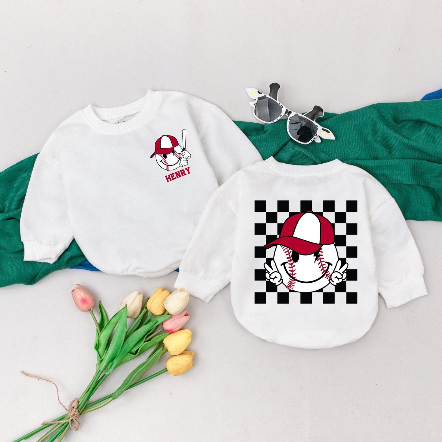 Henry's Retro Baseball Romper Custom Name Baby Boy Outfit Game Day Season Vintage Cartoon Bat