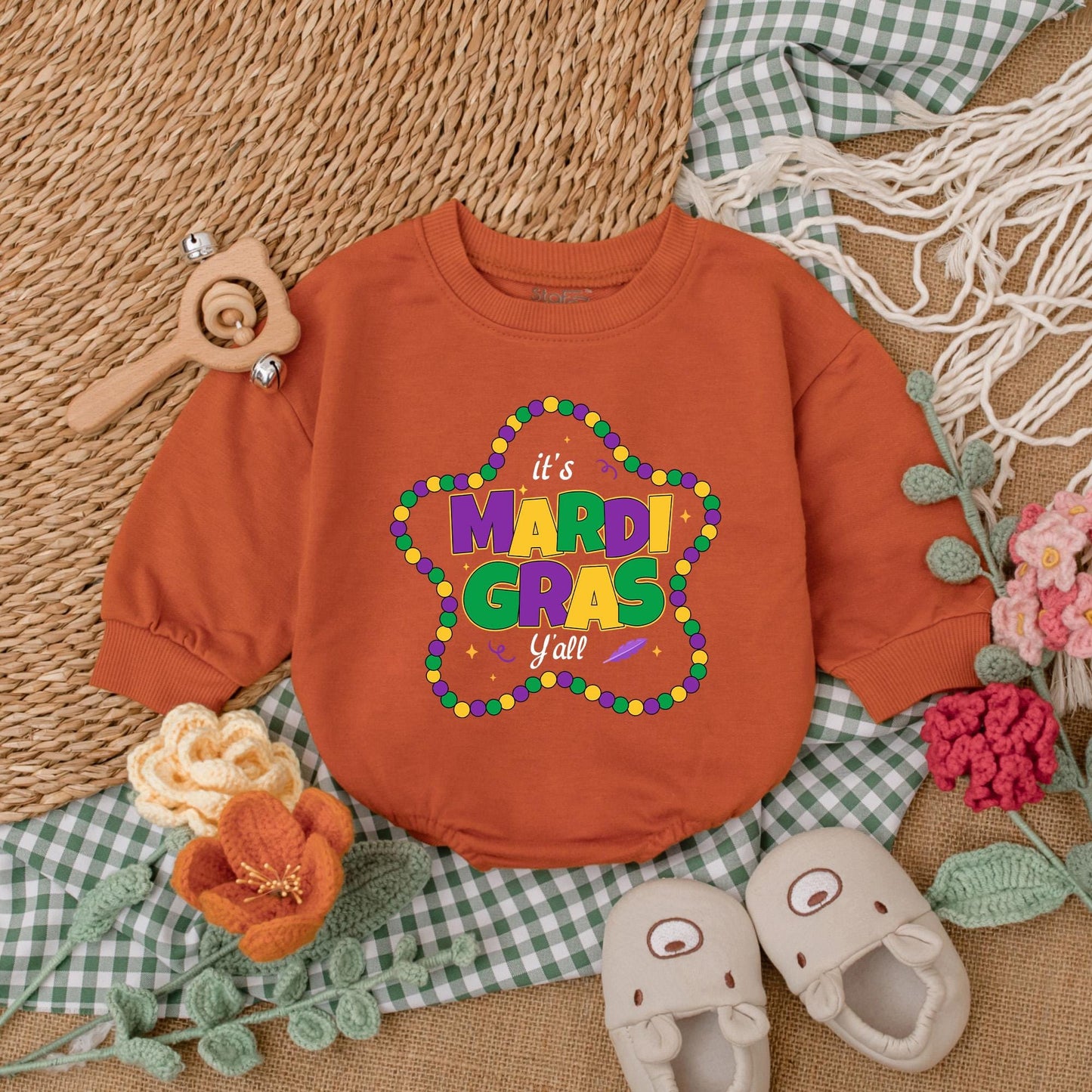 It's Mardi Gras Y'all Baby Romper - Purple & Gold Star Bead Design, Cute Mardi Gras Baby Outfit Gift