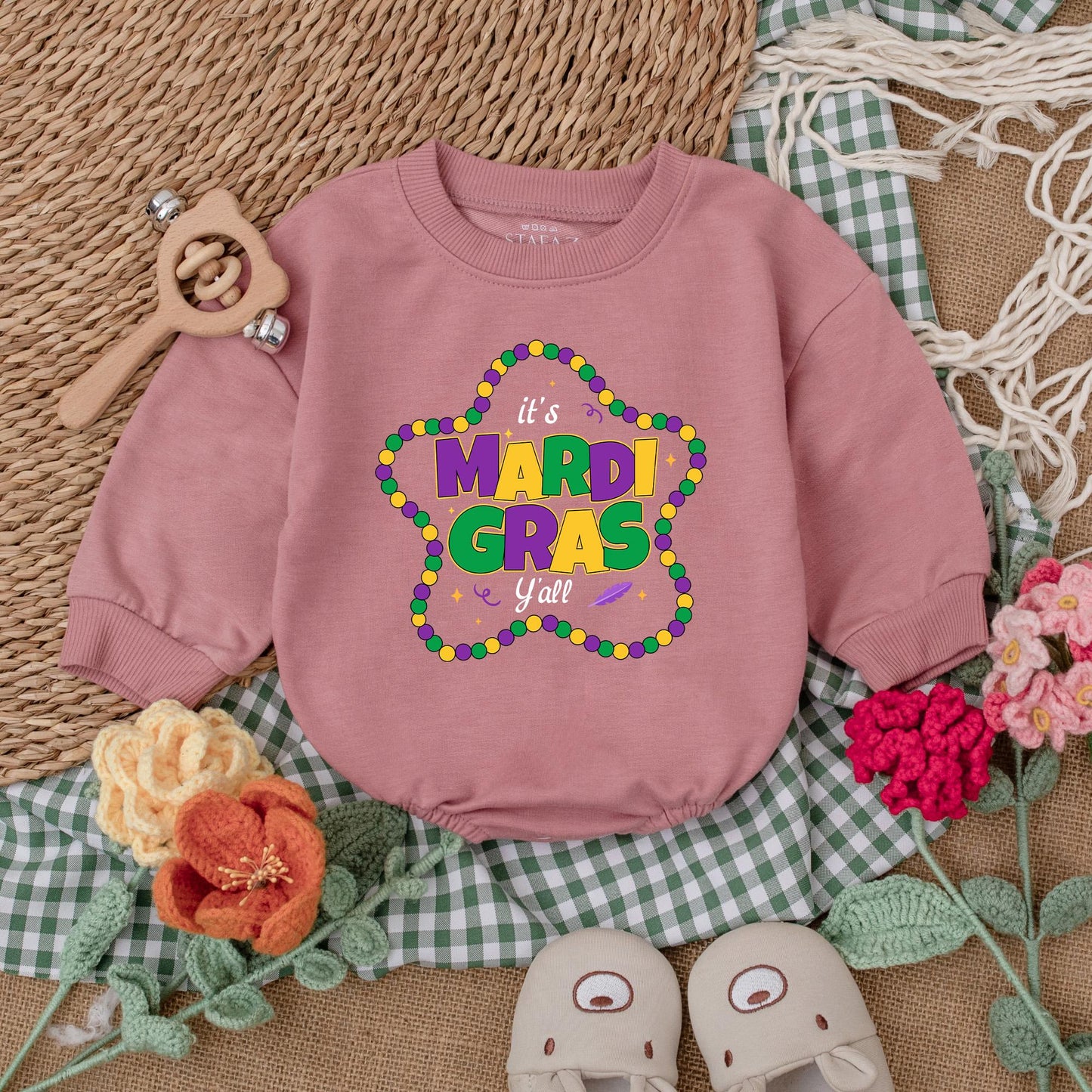 It's Mardi Gras Y'all Baby Romper - Purple & Gold Star Bead Design, Cute Mardi Gras Baby Outfit Gift