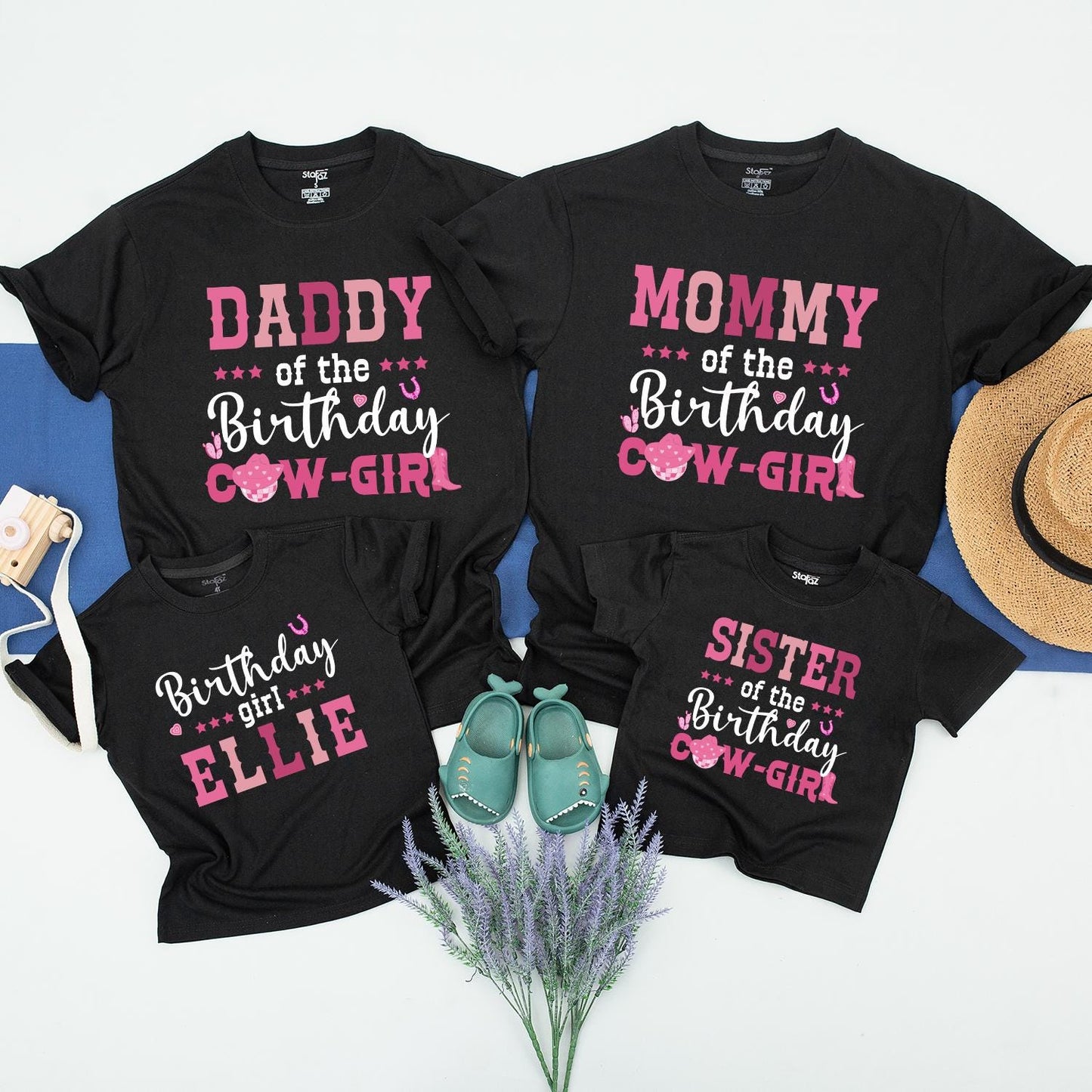 Pink Cowgirl Birthday Shirt for Family Matching Rodeo Western Country Party with Stars Hat Hearts Mom Daddy Brother Farm Celebration