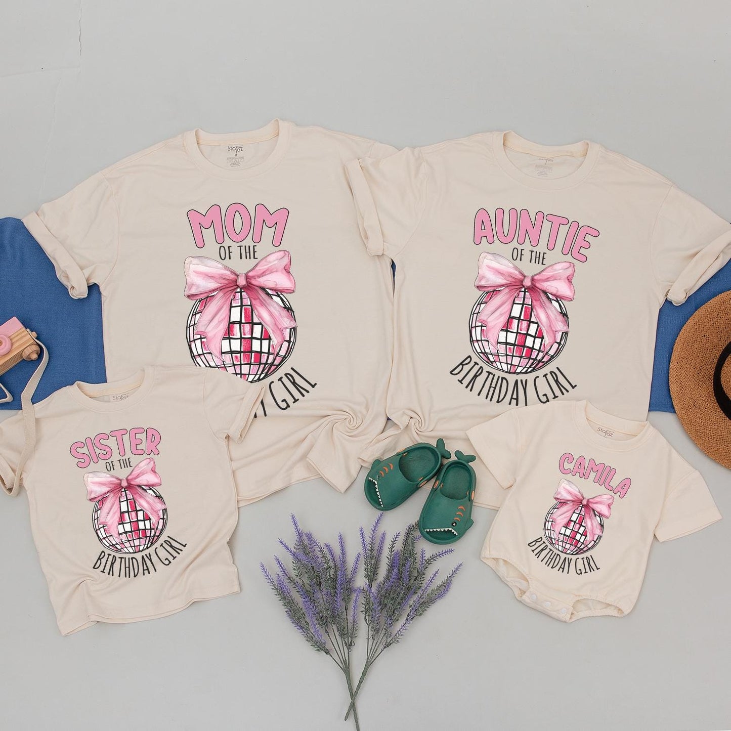 Custom Birthday Girl Disco Ball Bow Shirt Matching Family Birthday Tee Pink Disco Party Toddler Youth Outfit