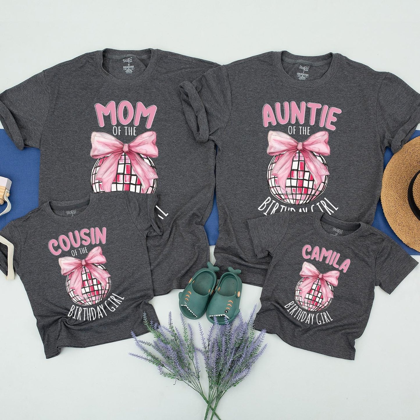 Custom Birthday Girl Disco Ball Bow Shirt Matching Family Birthday Tee Pink Disco Party Toddler Youth Outfit