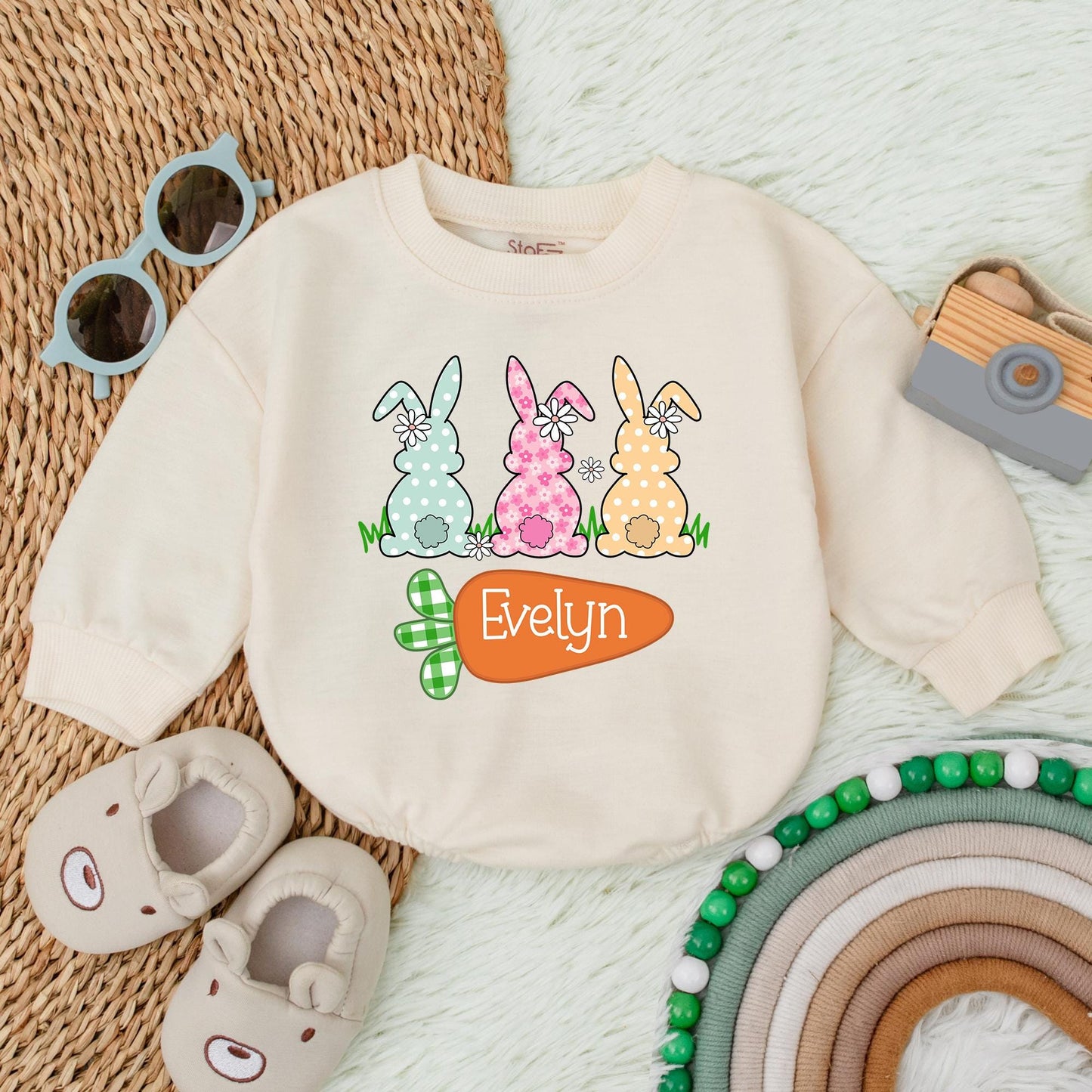 Personalized Easter Bunny Bubble Romper for Baby Girls, Soft Cotton My First Easter Bodysuit & Easter Outfit Gift