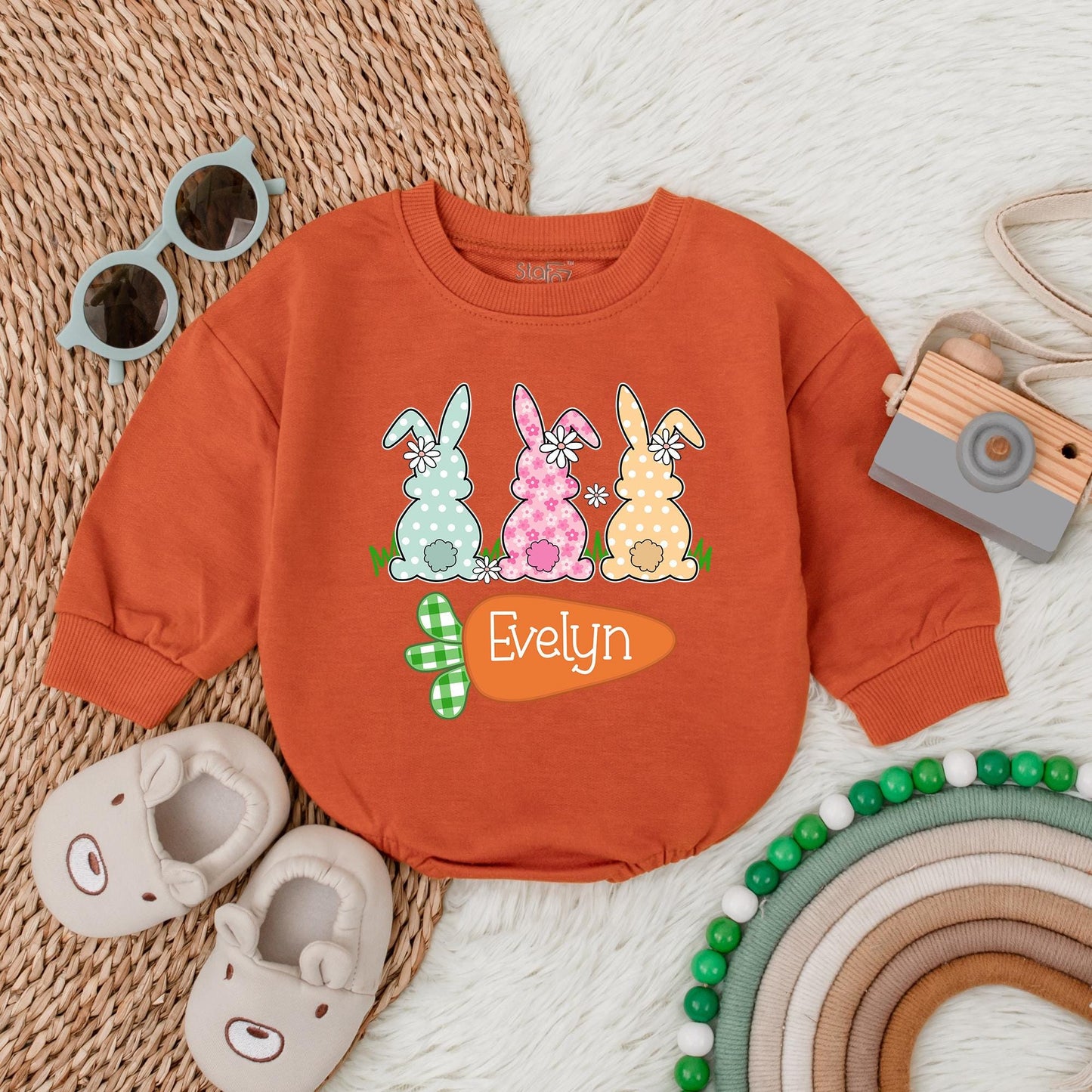 Personalized Easter Bunny Bubble Romper for Baby Girls, Soft Cotton My First Easter Bodysuit & Easter Outfit Gift