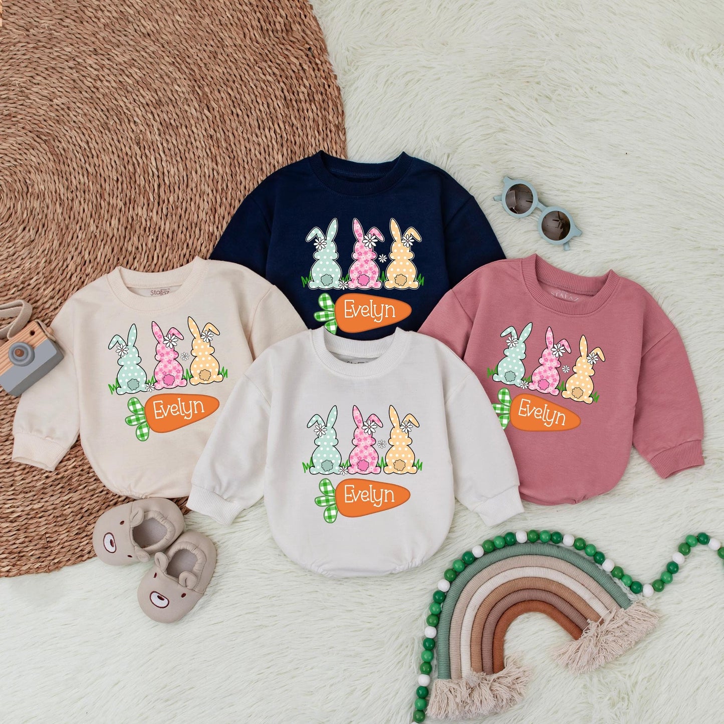 Personalized Easter Bunny Bubble Romper for Baby Girls, Soft Cotton My First Easter Bodysuit & Easter Outfit Gift