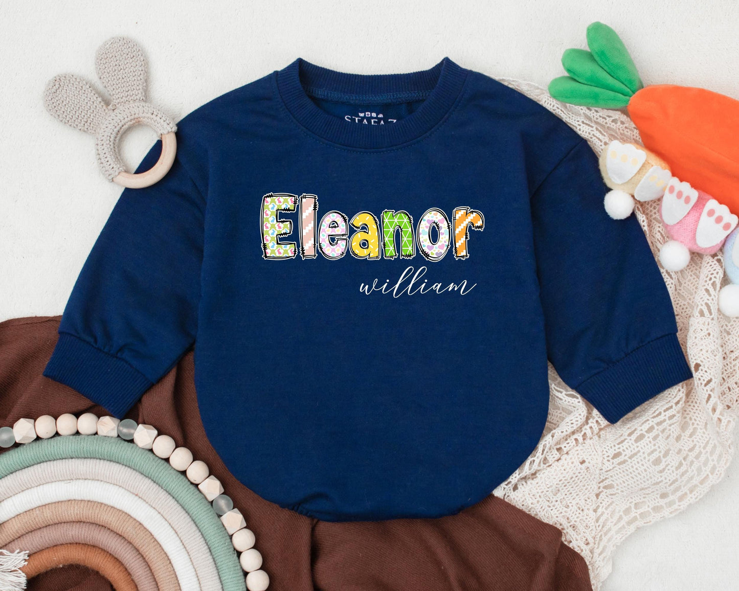 Custom Name First Easter Baby Romper - Adorable Bunny Design for Baby Boy or Girl - Personalized Spring Bodysuit - Baby Shower Gift (138 chars)