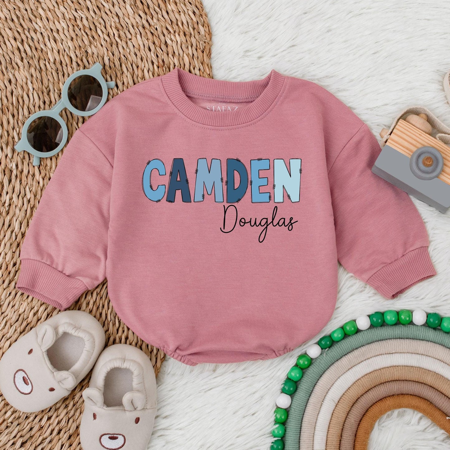Personalized Baby Boy Name Bubble Romper Oversized Bodysuit Infant Toddler Shower Gift Birthday Outfit Soft Comfortable One-Piece Tee
