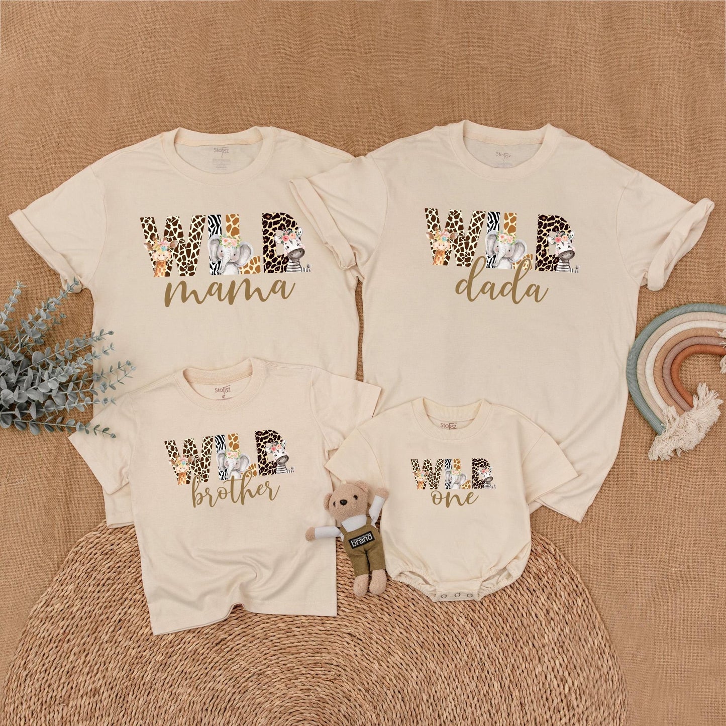 Wild Safari Animal Print Birthday Family Shirts Mommy Dada Sister One Matching Outfits Zoo Celebration Clothes Cute Giraffe Elephant Zebra Floral Headpiece