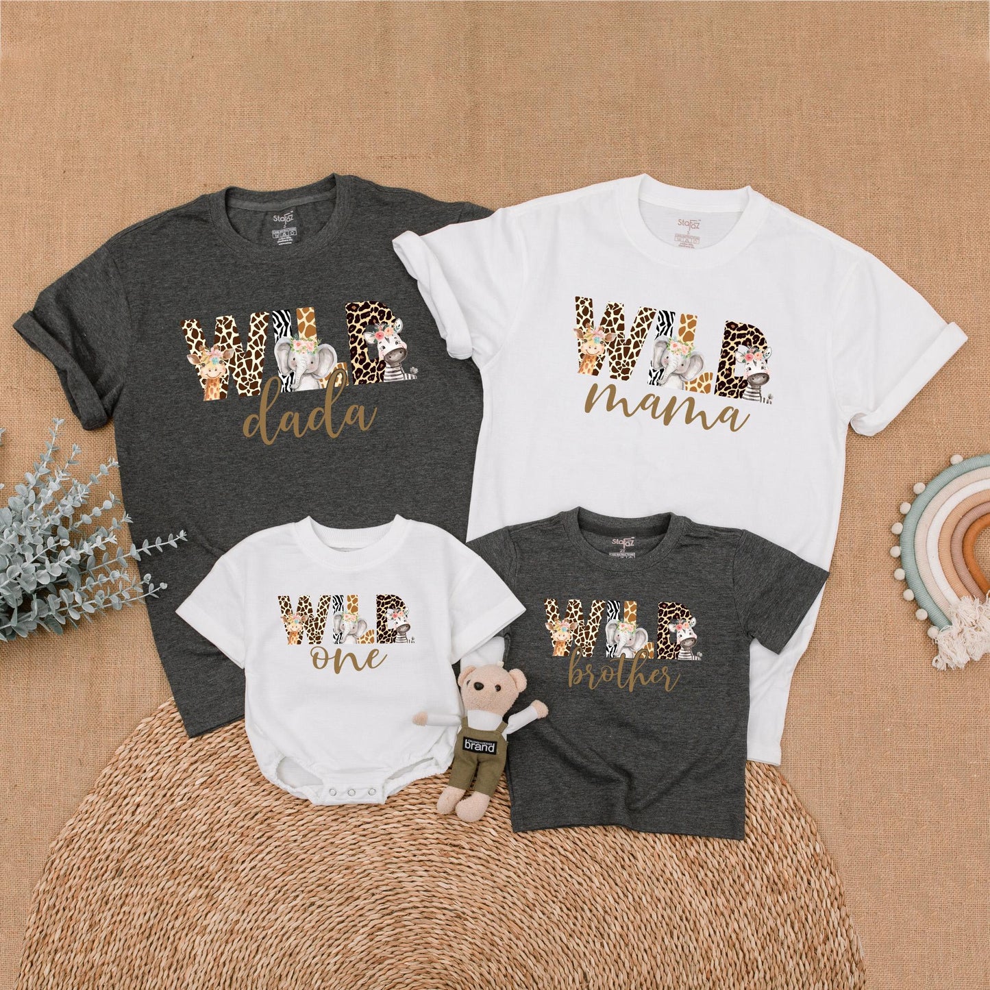 Wild Safari Animal Print Birthday Family Shirts Mommy Dada Sister One Matching Outfits Zoo Celebration Clothes Cute Giraffe Elephant Zebra Floral Headpiece