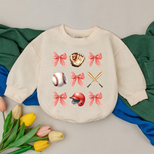 Retro Baseball Bow Romper Baby Girl Outfit Game Day Season 1st Birthday Gift Natural Bubble Romper Kid Clothes