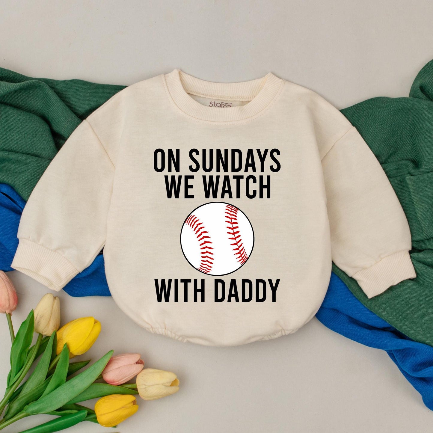 On Sundays We Watch Baseball With Daddy Romper Baby Boy Girl Gift Game Day Outfit Custom Name Baseball Birthday Newborn