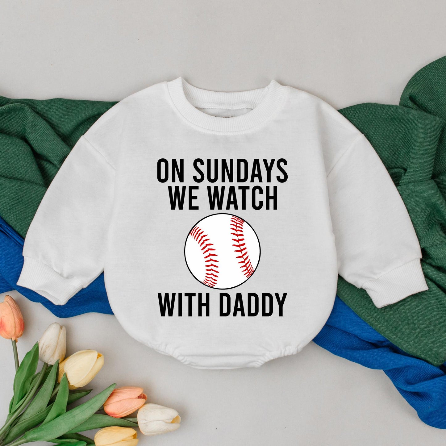 On Sundays We Watch Baseball With Daddy Romper Baby Boy Girl Gift Game Day Outfit Custom Name Baseball Birthday Newborn