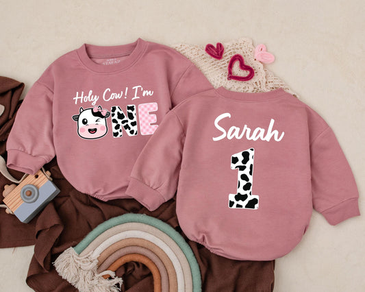 Holy Cow I'm One Romper Retro Western Baby Girl Outfit First Birthday Gift Custom Cowgirl Birthday Outfit