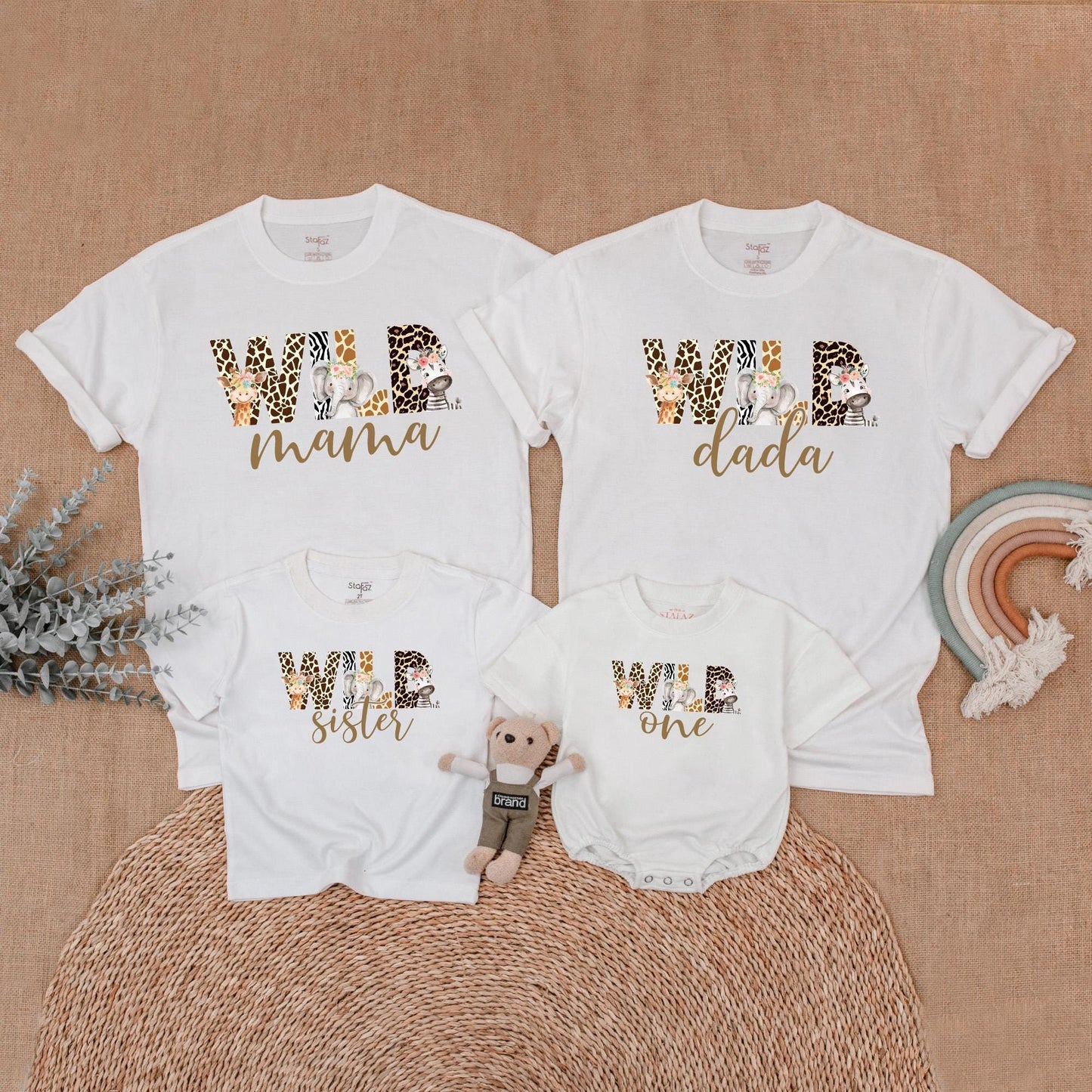 Wild Safari Animal Print Birthday Family Shirts Mommy Dada Sister One Matching Outfits Zoo Celebration Clothes Cute Giraffe Elephant Zebra Floral Headpiece