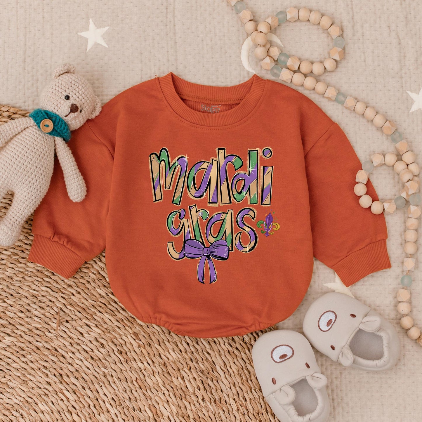 Festive Mardi Gras Baby Romper King Cake Design perfect for boy or girl Fat Tuesday party outfit newborn shower gift bodysuit clothes.